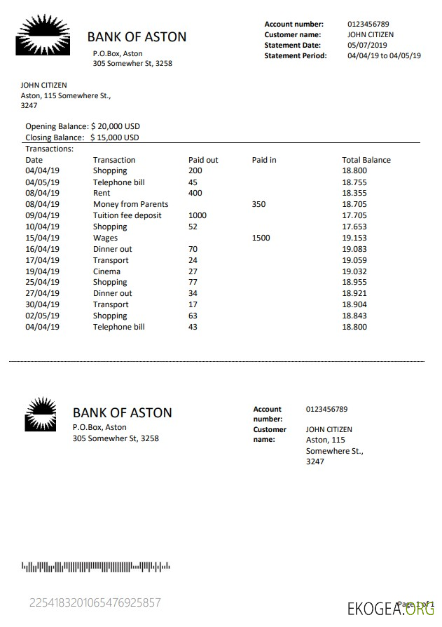 Modèle de relevé bancaire de la Bank of Aston du Royaume Uni au format Word et PDF, bon pour prouver l'adresse